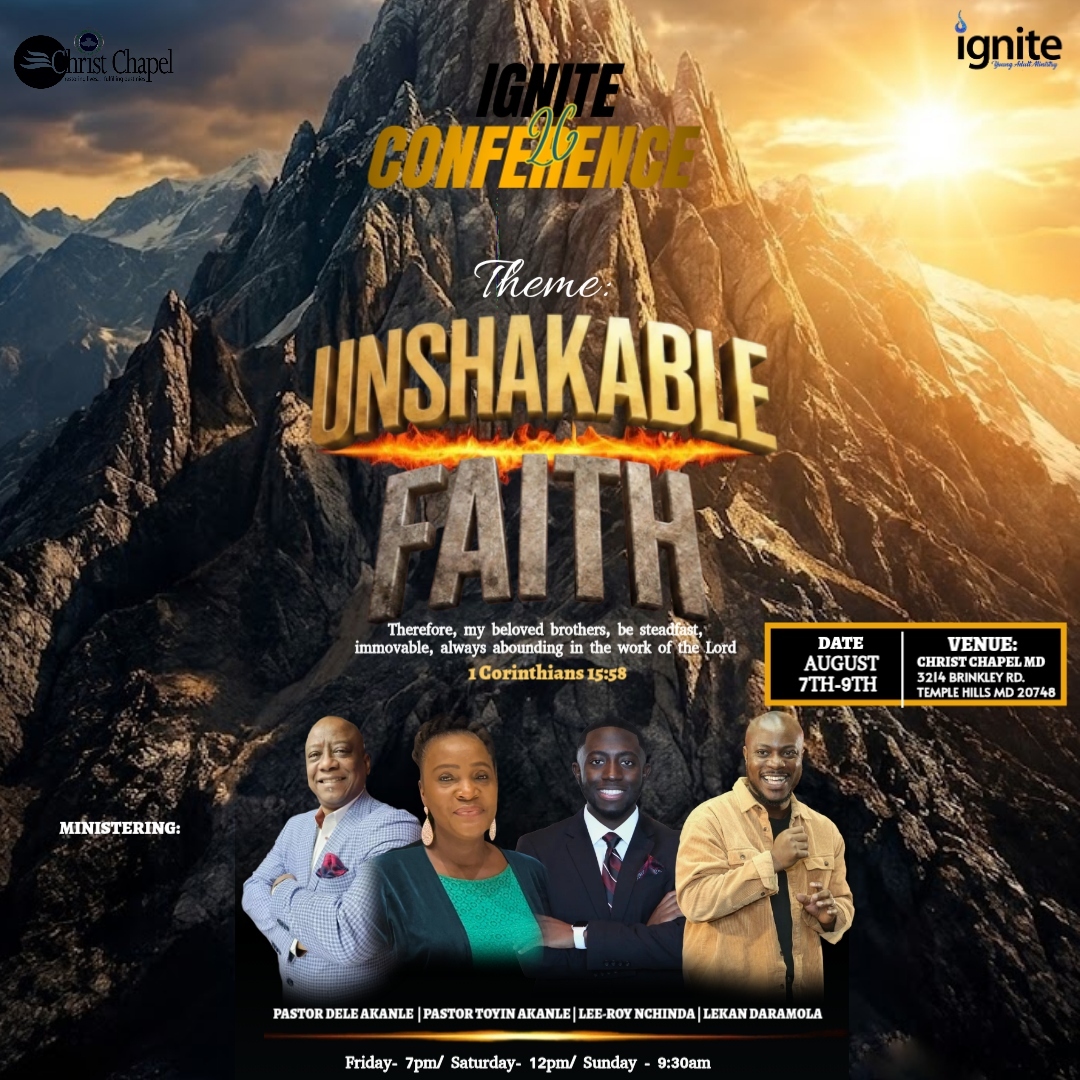 Ignite Conference 2026 flyer featuring Pastor Dele Akanle, Pastor Toyin Akanle, Lee-Roy Nchinda, and Lekan Daramola