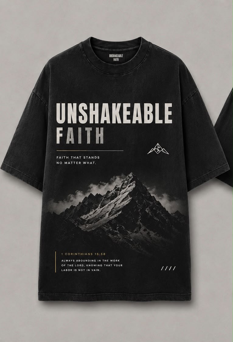 Black Unshakable Faith conference shirt featuring a mountain design and 1 Corinthians 15:58